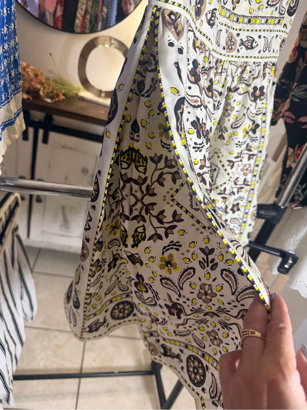Tory Burch Sleeveless Floral Fit & Flare Dress - White & Brown Yellow Accents 2 - Picture 3 of 8